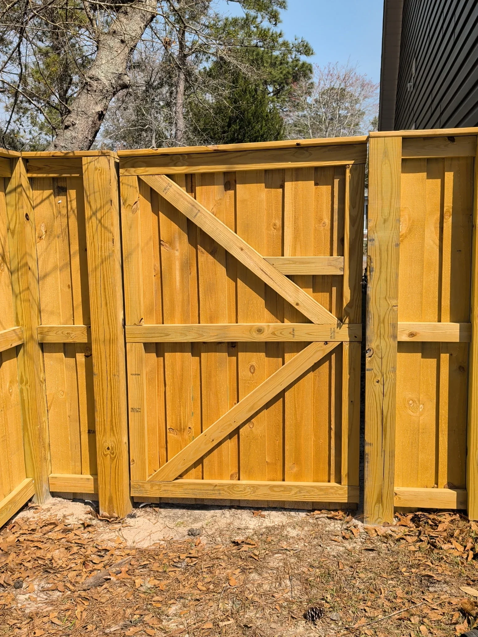Wooden gate with vertical boards and diagonal bracing, pressure-treated lumber construction