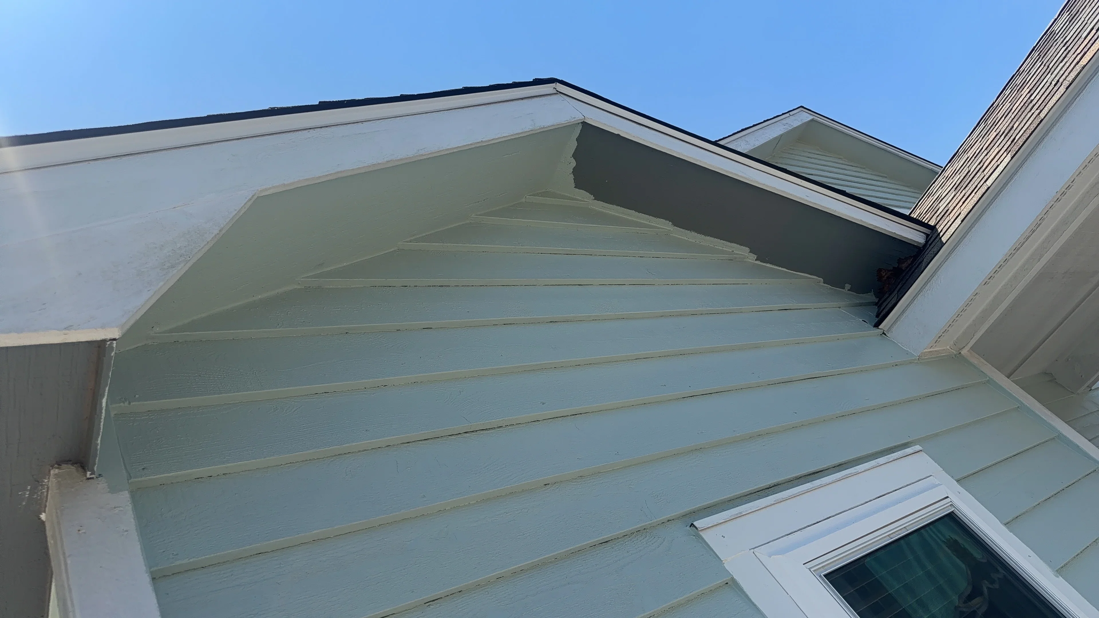 Sage green horizontal siding with white trim on gable end and roofline