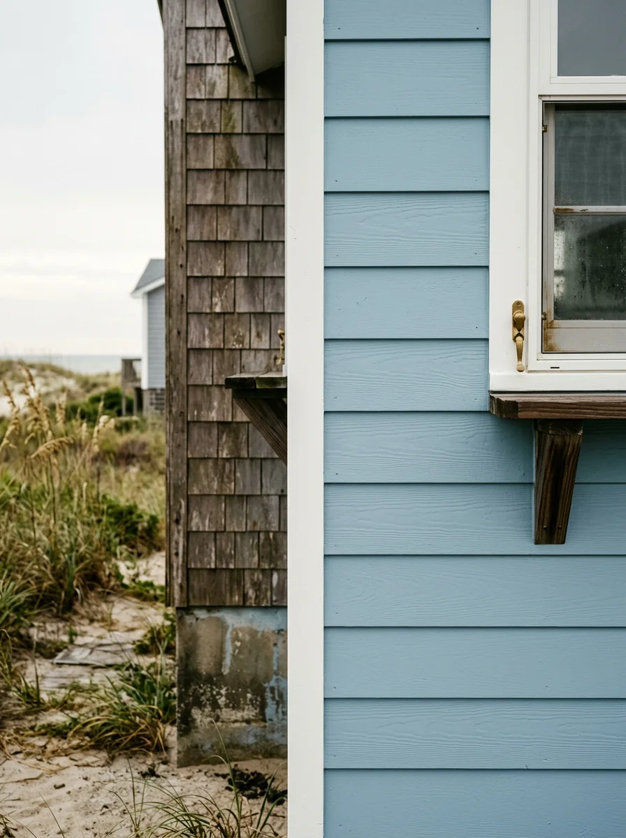 Freshly painted wood siding on an older beach cottage on Holden Beach, NC, showing clean trim lines and updated exterior color on a barrier island property.