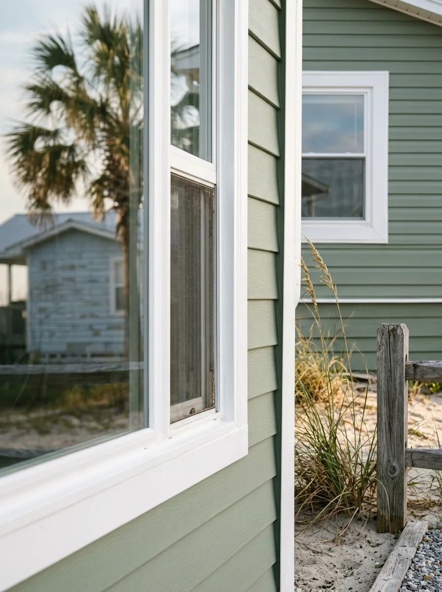 Freshly painted exterior trim on a 1970s bungalow in Shallotte, NC, showing clean white trim against updated siding color.