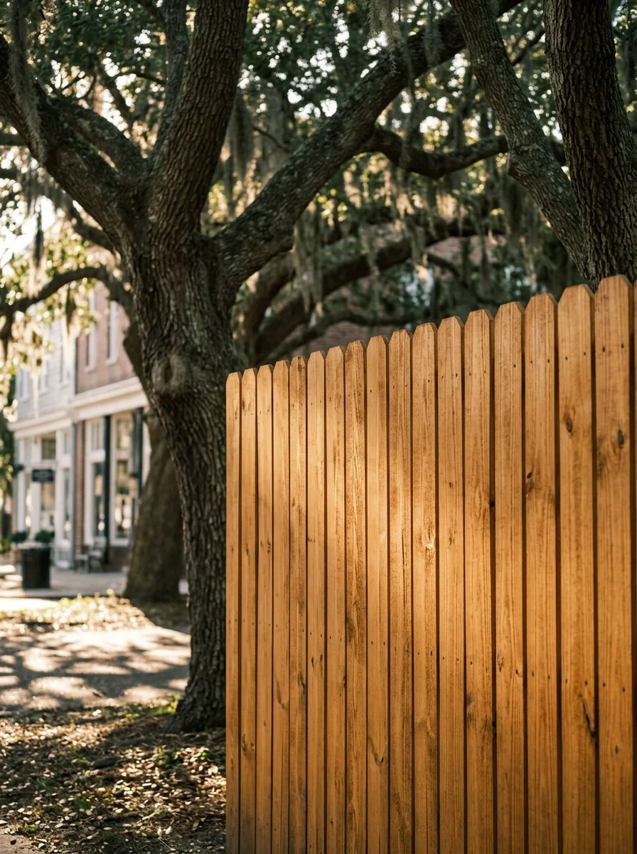 Freshly stained wood privacy fence on a historic downtown Southport, NC property, with mature live oak trees lining the street behind it.