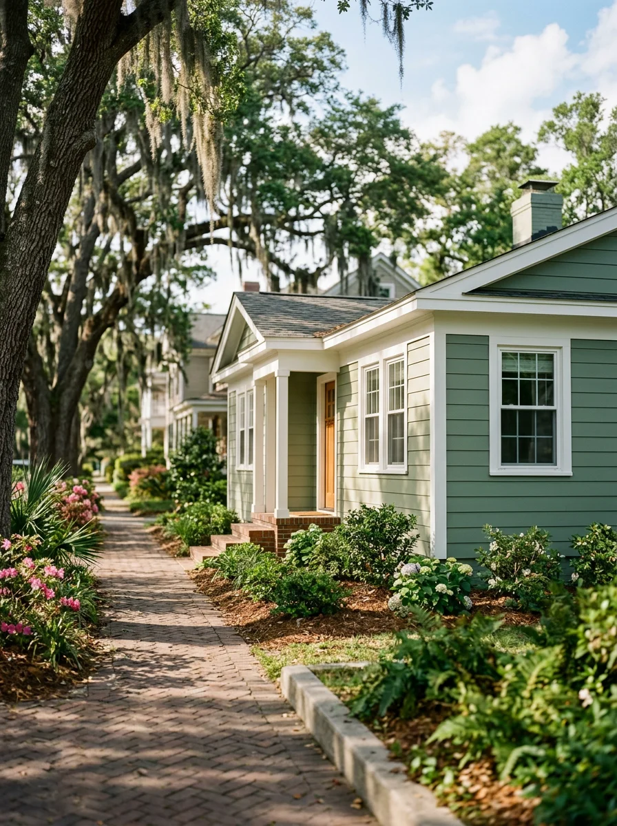Freshly painted exterior of a mid-century ranch-style home in Wilmington, NC, showing clean trim lines and updated siding color.