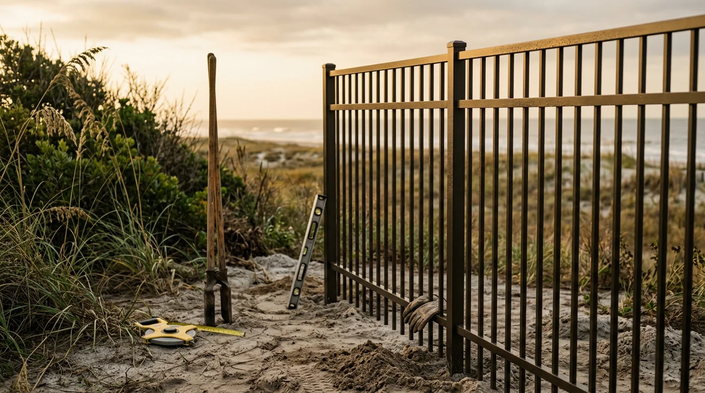 Newly installed black aluminum fence along the perimeter of a residential property near Ocean Isle Beach, NC, with coastal landscaping visible in the background. The ornamental picket-style fence runs along a grassy yard under a clear coastal sky.