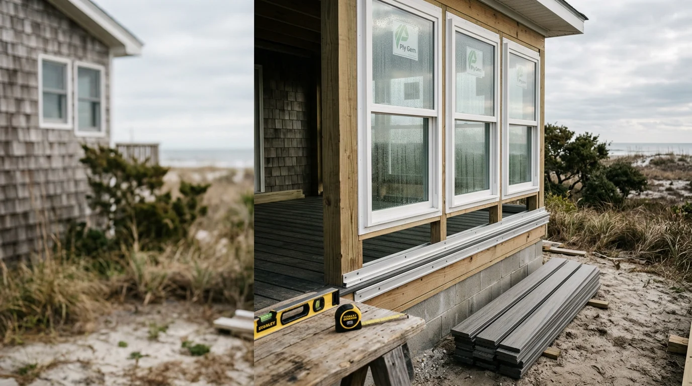 A finished Carolina room addition on a coastal home in Ocean Isle Beach, NC, featuring large multi-pane windows on three walls and a view of the surrounding landscape. The interior shows a clean, light-filled space integrated with the main structure of the house.