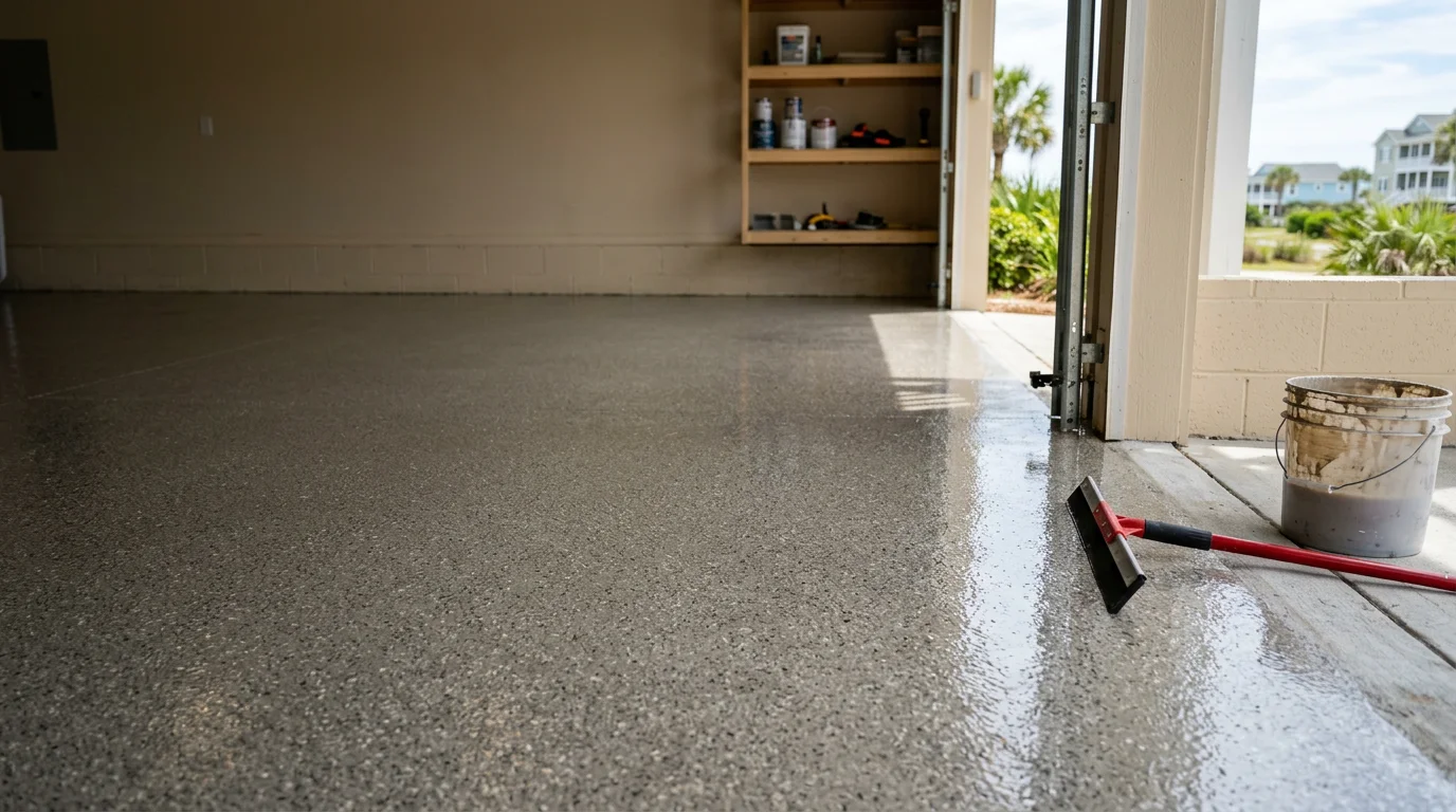 Freshly installed epoxy floor coating on a residential garage slab in Ocean Isle Beach, NC, showing a smooth, glossy surface with clean edges along the walls. The finished floor reflects overhead lighting and shows no cracks, stains, or bare concrete.