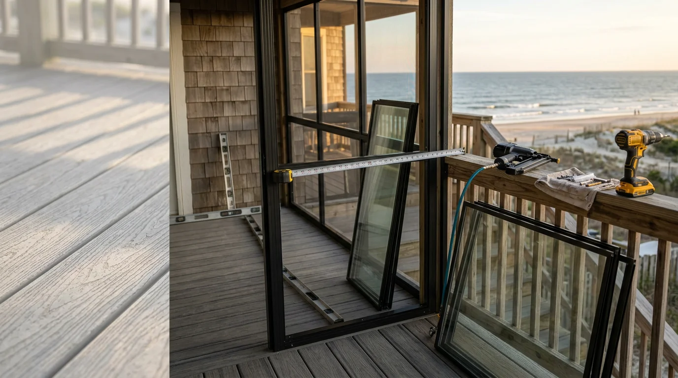 Enclosed porch on a coastal Brunswick County home with framed walls and screened panels replacing an open-air railing. The finished enclosure overlooks a wooded backyard typical of residential neighborhoods near Ocean Isle Beach, NC.