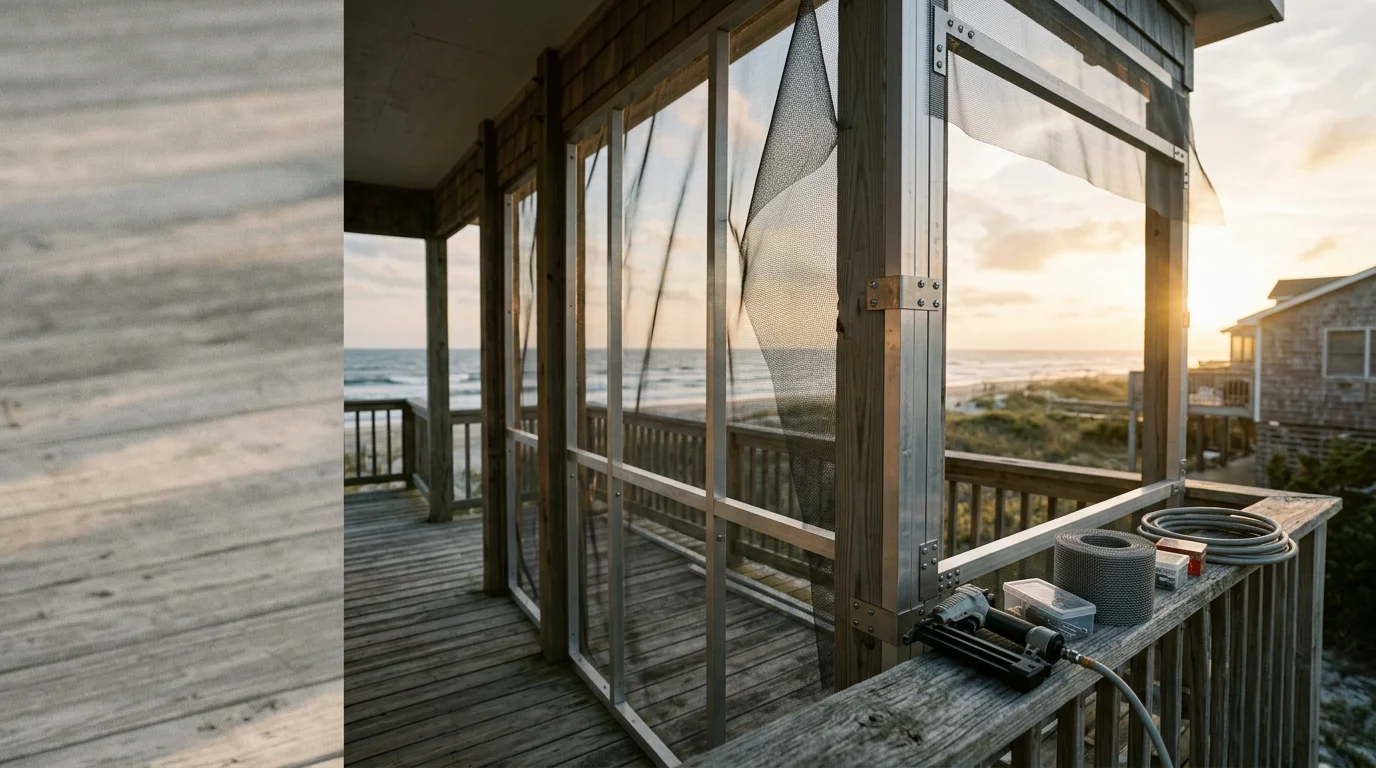 A newly installed screen room on the back porch of a coastal home in Ocean Isle Beach, NC, with screen mesh panels framed around an open-air sitting area. The structure faces a landscaped yard with coastal vegetation visible beyond the screened walls.