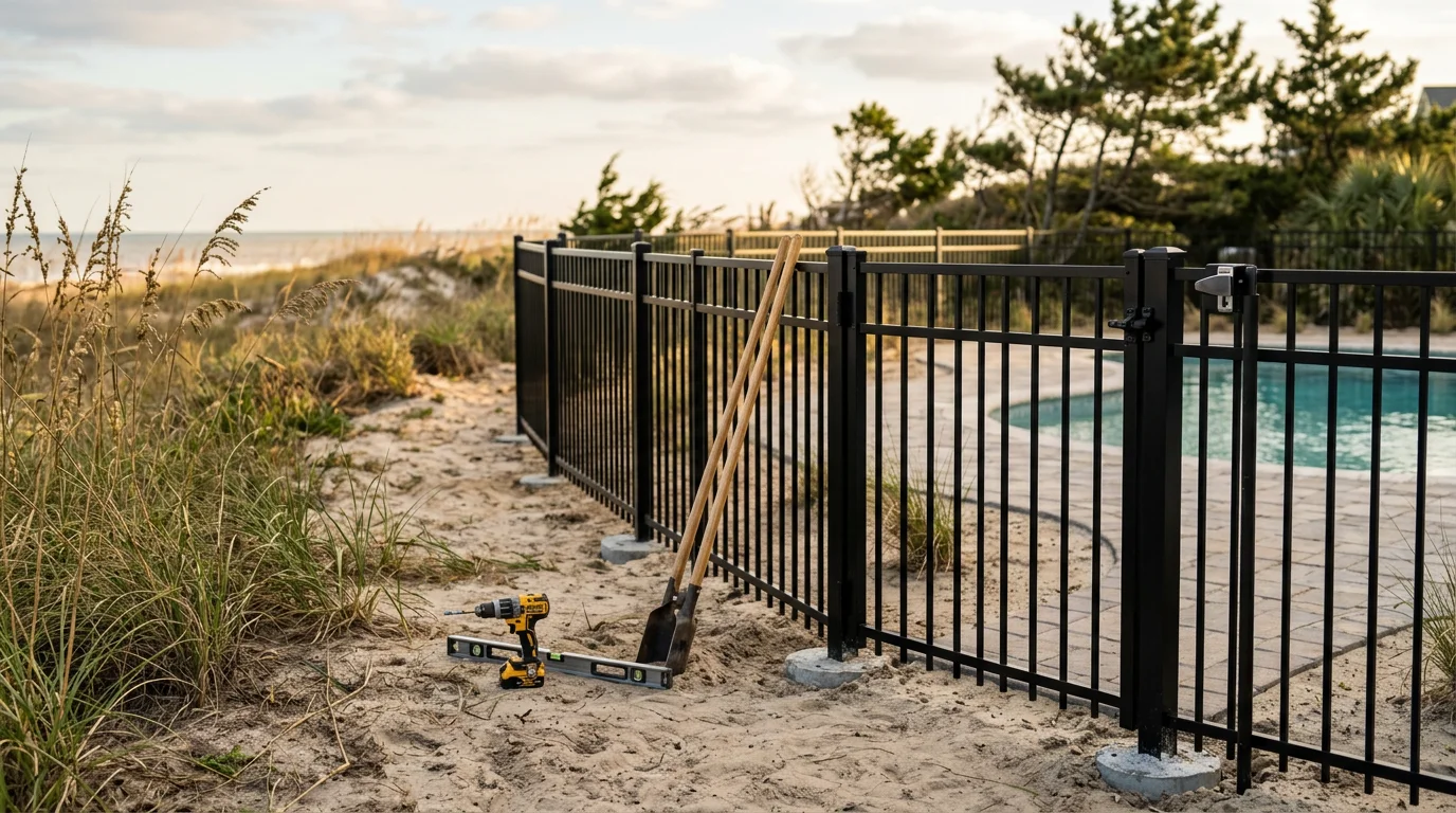 A code-compliant swimming pool fence with a self-latching gate installed around a residential in-ground pool on a coastal property in Ocean Isle Beach, NC. The fence encloses the pool area with vertical pickets and shows the surrounding salt-air environment typical of Brunswick County barrier island homes.