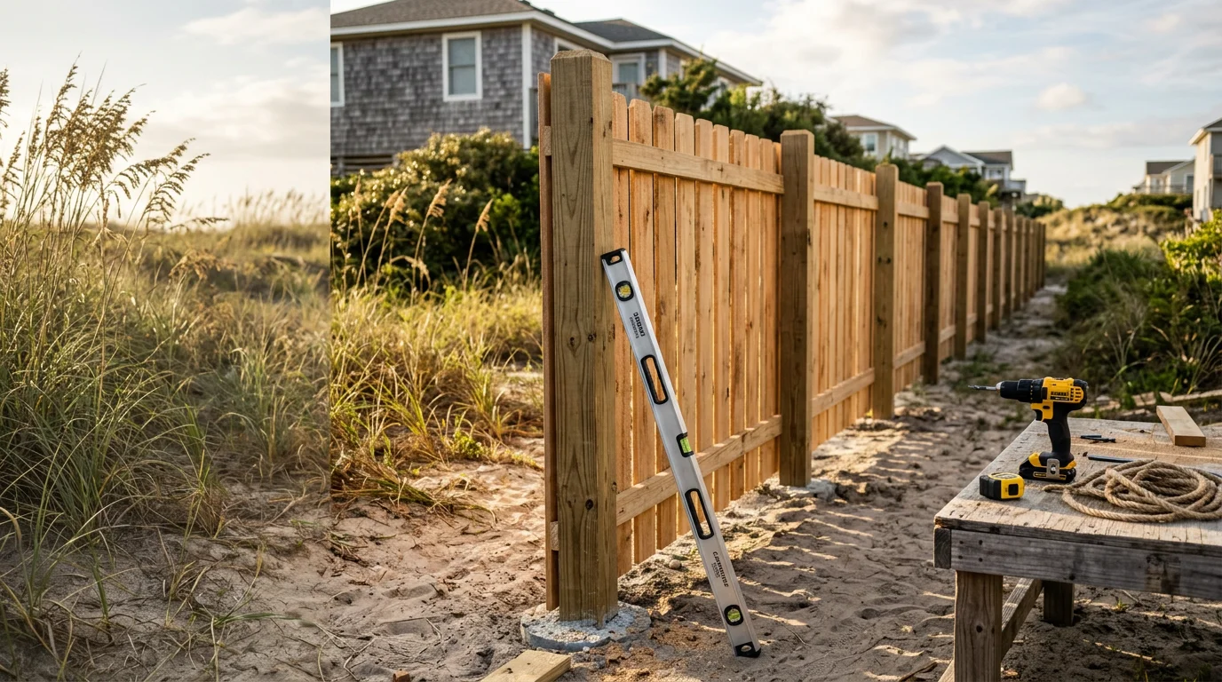 A newly installed wood privacy fence in a residential backyard in Ocean Isle Beach, NC, with straight posts and uniform pickets visible against a coastal landscape. The fence runs along the property line of a single-family home in Brunswick County.